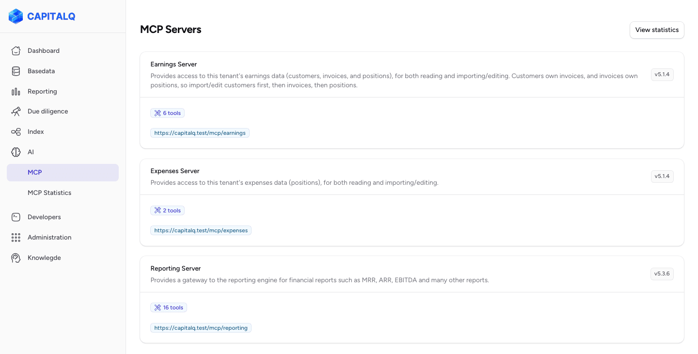 CAPITALQ MCP Servers screen listing the Earnings, Expenses, and Reporting MCP servers with their endpoint URLs and tool counts