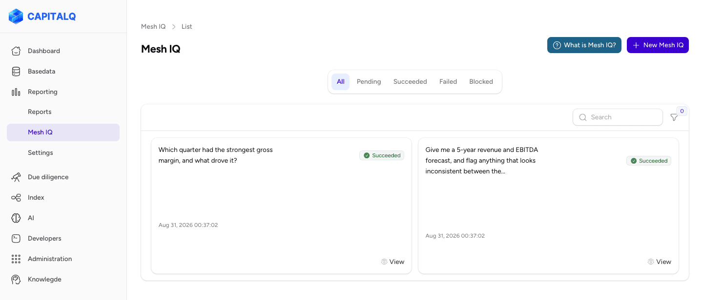 CAPITALQ Mesh IQ queue showing two cross-report AI requests, both succeeded