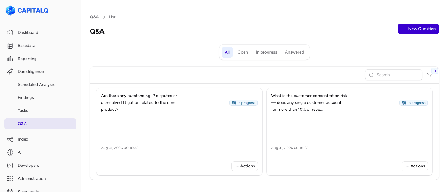 CAPITALQ Q&A queue showing two buyer due-diligence questions, both in progress